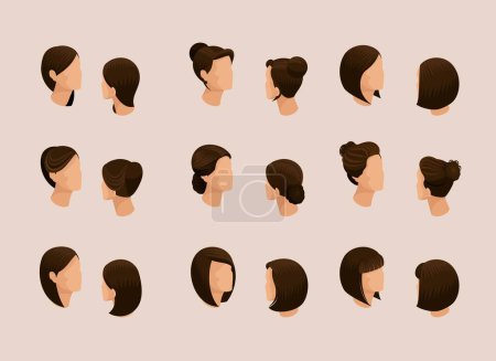 Illustration for Isometric set of female hair styles man's head. Options stylish haircuts, hair business woman pretty cute in the background. Isolated. Vector illustration. - Royalty Free Image