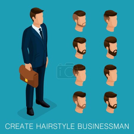 Illustration for Popular isometric qualitative study, a set of men's hairstyles, hipster style. Fashion Styling, beard, mustache. Stylish modern young businessman. Vector illustration. - Royalty Free Image