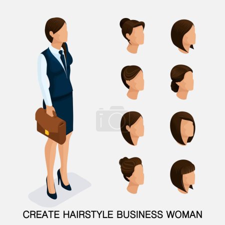 Illustration for Rendy isometric set 1, women's hairstyles. Young business woman, hairstyle, hair color. Create an image of the modern business woman. Vector illustration. - Royalty Free Image