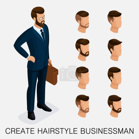 Illustration for Trendy isometric set 1, qualitative study, a set of men's hairstyles, hipster style. Fashion Styling, beard, mustache. The style of today's young businessman. Vector illustration. - Royalty Free Image