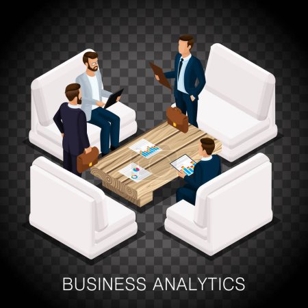 Illustration for Trendy isometric businessmen, business center, analytics, modern furnishings, high-quality work. Create business ideas, planning on a transparent background. Vector illustration. - Royalty Free Image