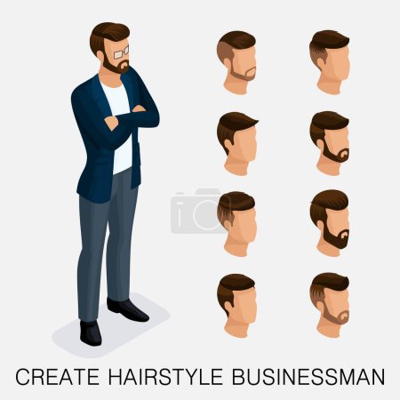 Illustration for Trendy isometric set 10, qualitative study, a set of men's hairstyles, hipster style. Fashion Styling, beard, mustache. The style of today's young businessman. Vector illustration. - Royalty Free Image