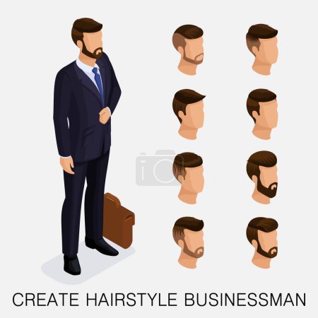 Illustration for Trendy isometric set 11, qualitative study, a set of men's hairstyles, hipster style. Fashion Styling, beard, mustache. The style of today's young businessman. Vector illustration. - Royalty Free Image