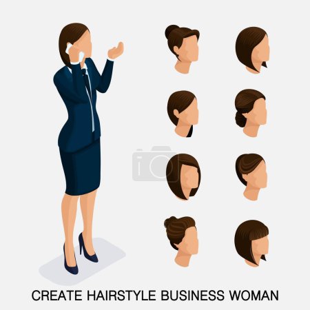 Illustration for Trendy isometric set 3, women's hairstyles. Young business woman, hairstyle, hair color, isolated. Create an image of the modern business woman. Vector illustration. - Royalty Free Image