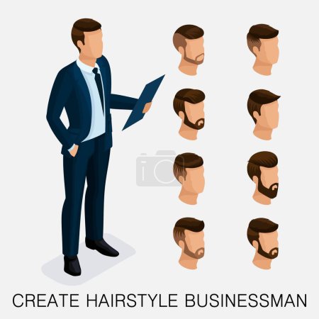 Illustration for Trendy isometric set 2, qualitative study, a set of men's hairstyles, hipster style. Fashion Styling, beard, mustache. The style of today's young businessman. Vector illustration. - Royalty Free Image