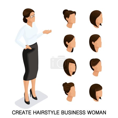 Illustration for Trendy isometric set 2, women's hairstyles. Young business woman, hairstyle, hair color, isolated. Create an image of the modern business woman. Vector illustration. - Royalty Free Image