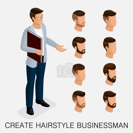 Illustration for Trendy isometric set 3, qualitative study, a set of men's hairstyles, hipster style. Fashion Styling, beard, mustache. The style of today's young businessman. Vector illustration. - Royalty Free Image