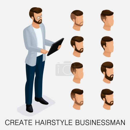 Illustration for Trendy isometric set 4, qualitative study, a set of men's hairstyles, hipster style. Fashion Styling, beard, mustache. The style of today's young businessman. Vector illustration. - Royalty Free Image