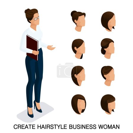 Illustration for Trendy isometric set 4, women's hairstyles. Young business woman, hairstyle, hair color, isolated. Create an image of the modern business woman. Vector illustration. - Royalty Free Image