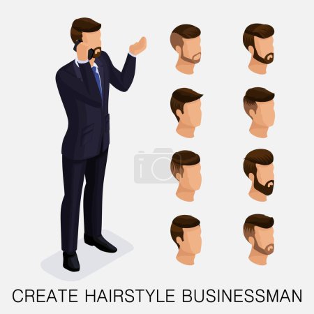 Illustration for Trendy isometric set 5, qualitative study, a set of men's hairstyles, hipster style. Fashion Styling, beard, mustache. The style of today's young businessman. Vector illustration. - Royalty Free Image