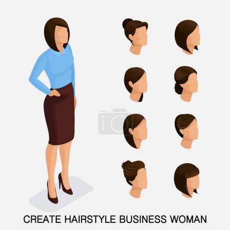 Illustration for Trendy isometric set 5, women's hairstyles. Young business woman, hairstyle, hair color, isolated. Create an image of the modern business woman. Vector illustration. - Royalty Free Image