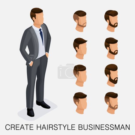 Illustration for Trendy isometric set 6, qualitative study, a set of men's hairstyles, hipster style. Fashion Styling, beard, mustache. The style of today's young businessman. Vector illustration. - Royalty Free Image