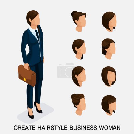 Illustration for Trendy isometric set 6, women's hairstyles. Young business woman, hairstyle, hair color, isolated. Create an image of the modern business woman. Vector illustration. - Royalty Free Image