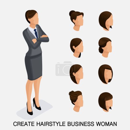Illustration for Trendy isometric set 7, women's hairstyles. Young business woman, hairstyle, hair color, isolated. Create an image of the modern business woman. Vector illustration. - Royalty Free Image