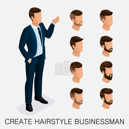 Illustration for Trendy isometric set 8, qualitative study, a set of men's hairstyles, hipster style. Fashion Styling, beard, mustache. The style of today's young businessman. Vector illustration. - Royalty Free Image