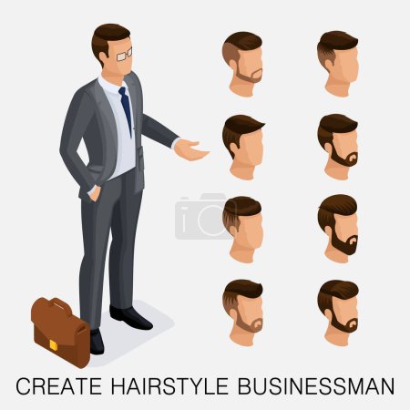 Illustration for Trendy isometric set 9, qualitative study, a set of men's hairstyles, hipster style. Fashion Styling, beard, mustache. The style of today's young businessman. Vector illustration. - Royalty Free Image