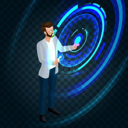 Illustration for Trendy isometric stylish businessman working on the future of the screen, press a button, create business ideas, planning. Vector illustration. - Royalty Free Image