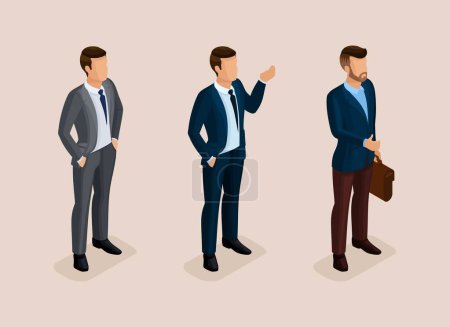 Illustration for Isometric quality people with the study of details. Set business hipsters hairstyle, beard, mustache. Style modern businessman commits acts. Vector illustration. - Royalty Free Image
