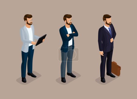 Illustration for Isometric quality people with the study of details. Set business hipsters hairstyle, beard, mustache. Stylish modern young businessman. Vector illustration. - Royalty Free Image
