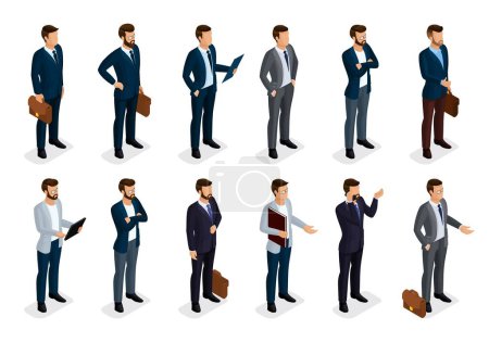 Illustration for Business people isometric set of men in suits isolated on a white background, beard styling stylish hairstyle mustache office. Qualitative study. Vector illustration. - Royalty Free Image
