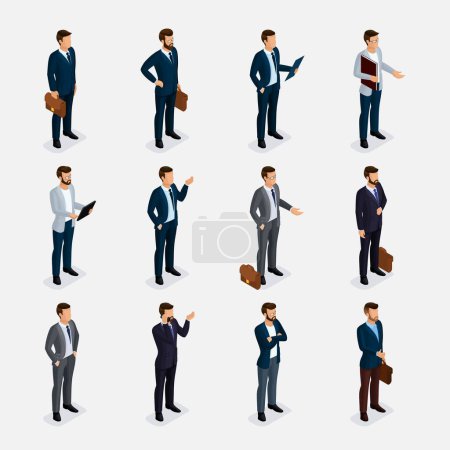 Illustration for Business people isometric set with men in suits, beard styling stylish hairstyle mustache office isolated. qualitative study. Vector illustration. - Royalty Free Image