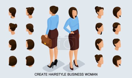 Illustration for Isometric business woman set 1 3D, women's hairstyles to create a stylish business woman, fashionable hairstyle rear view isolated on a light background. - Royalty Free Image