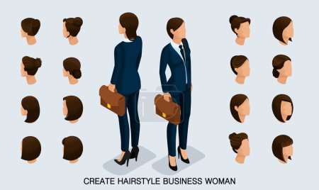 Illustration for Isometric business woman set 2 3D, women's hairstyles to create a stylish business woman, fashionable hairstyle rear view isolated on a light background. - Royalty Free Image
