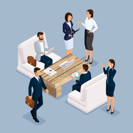 Photo for Isometric People Isometric businessmen, businessman and business woman, men in business suits in the process. Office furniture, laptop, computer, desk and chair. Business meeting to discuss ideas, isolated. - Royalty Free Image