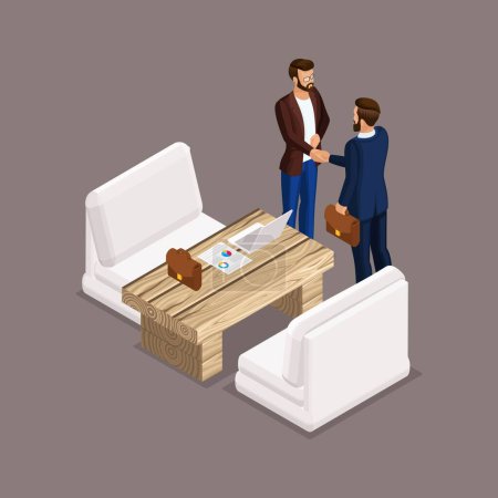 Photo for Isometric people isometric businessmen, negotiations, business meeting, shaking hands, the negotiating table. Laptop, documents, graphics, - Royalty Free Image
