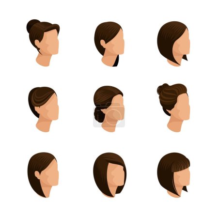 Illustration for Trendy women's hairstyles Isometric isolated and a white background. Laying, hair style, hair color. Stylish modern young woman businessmen, high quality work. Vector illustration. - Royalty Free Image