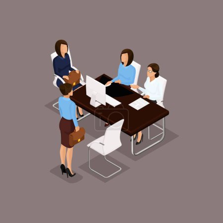 Photo for Business people isometric set of women, dialogue, brainstorming in the office isolated on dark background vector illustration. - Royalty Free Image
