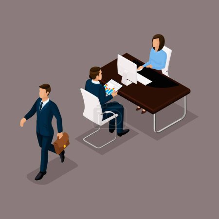 Photo for Business people isometric set of women with men, chat, an interview in an office isolated against a dark background vector illustration. - Royalty Free Image