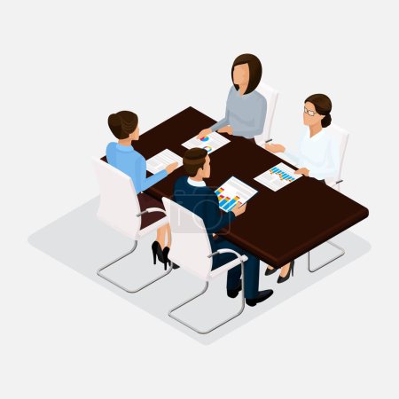 Illustration for Isometric people, businessmen 3D business woman. Discussion, negotiation concept work, brainstorming. Isolated on a light background. - Royalty Free Image
