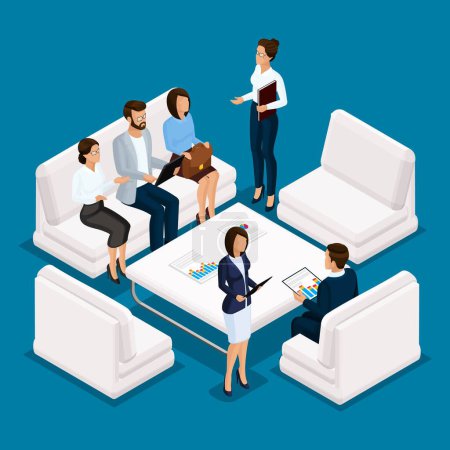 Photo for Isometric people, businessman 3D business woman. Office staff of furniture, sofas, desk, discussion, brainstorming on a blue background. - Royalty Free Image