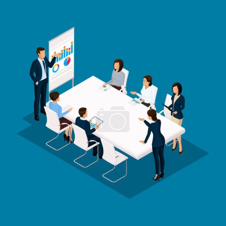 Photo for Isometric people, businessmen 3D business woman. Discussion, negotiation concept work, brainstorming. Working in the office, office workers on a blue background. - Royalty Free Image