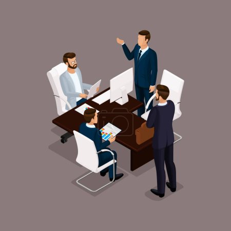 Photo for Isometric people, businessmen 3D business woman. Office staff to discuss the work plan, the head of subordinates on a dark background. - Royalty Free Image