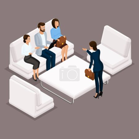 Photo for Isometric people, businessmen 3D business woman. Discussion, resolution of disputes and negotiations. Working in the office, office workers on a dark background. - Royalty Free Image