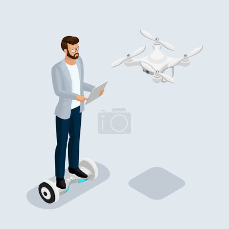 Illustration for Isometric 3D people, drone quadrocopter, game sevremennaya, isometrics businessman. GyroScooter drive unit. On a light background. Vector illustration. - Royalty Free Image
