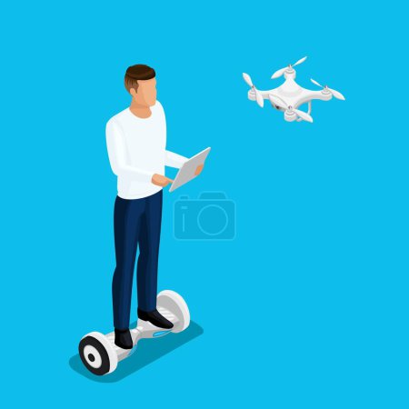 Illustration for Isometric drone people, a man playing a game, quadrocopter 3D, fly on the radio. Drone camera for filming. Vector illustration. - Royalty Free Image