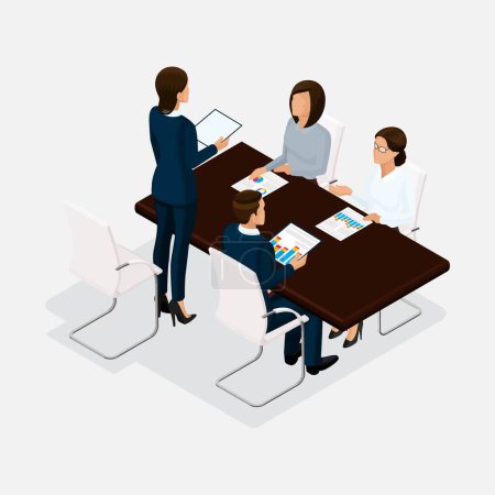 Illustration for Isometric people, businessmen 3D business woman. Discussion, negotiation concept work, brainstorming. Director negotiating table isolated. - Royalty Free Image