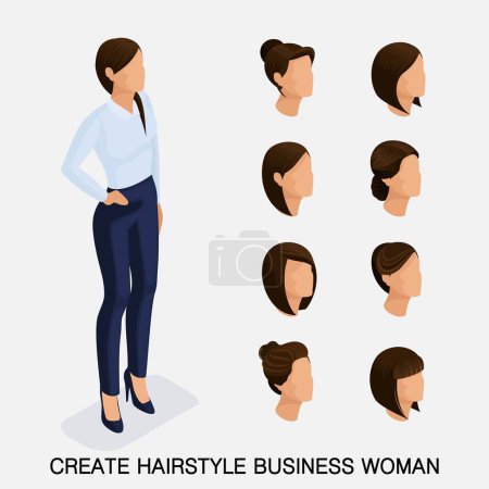 Illustration for Trendy isometric set 11, women's hairstyles. Young business woman, hairstyle, hair color, isolated. Create an image of the modern business woman. Vector illustration. - Royalty Free Image