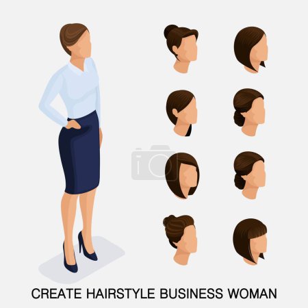 Illustration for Trendy isometric set 10, women's hairstyles. Young business woman, hairstyle, hair color, isolated. Create an image of the modern business woman. Vector illustration-01. - Royalty Free Image