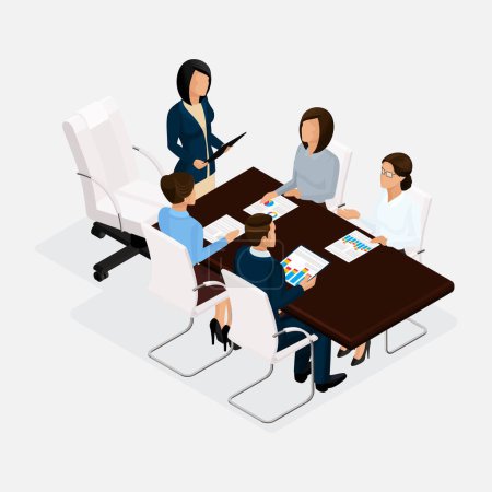 Illustration for Isometric people, businessmen 3D business woman. Discussion, negotiation concept work, brainstorming. Director provides a report isolated. - Royalty Free Image