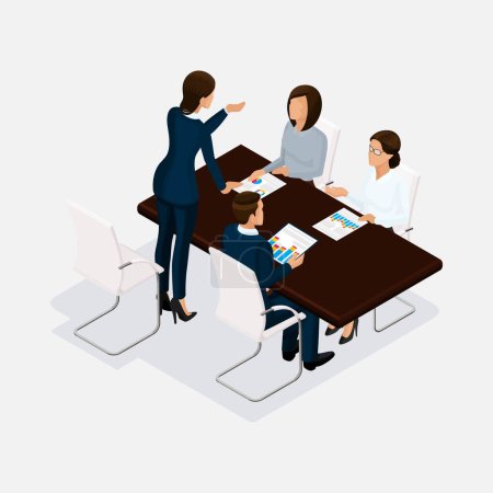 Illustration for Isometric people, businessmen 3D business woman. Discussion, negotiation concept work, brainstorming. Director scold subordinates. - Royalty Free Image
