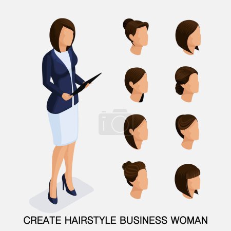 Illustration for Trendy isometric set 9, women's hairstyles. Young business woman, hairstyle, hair color, isolated. Create an image of the modern business woman. Vector illustration. - Royalty Free Image