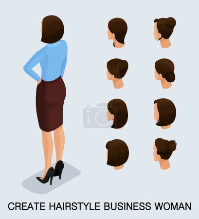 Illustration for Set 1 Fashion isometric 3D business lady, a set of women's haircuts, styling, hair, hair color. Rear view isolated on a light background. Vector illustration. - Royalty Free Image