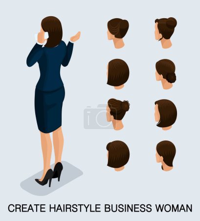Illustration for Set 5 Fashion isometric 3D business lady, a set of women's haircuts, styling, hair, hair color. Rear view isolated on a light background. Vector illustration. - Royalty Free Image