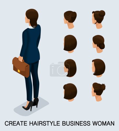 Illustration for Set 3 Fashion isometric 3D business lady, a set of women's haircuts, styling, hair, hair color. Rear view isolated on a light background. Vector illustration. - Royalty Free Image