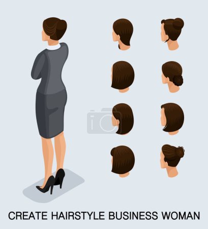Illustration for Set 2 Fashion isometric 3D business lady, a set of women's haircuts, styling, hair, hair color. Rear view isolated on a light background. Vector illustration. - Royalty Free Image
