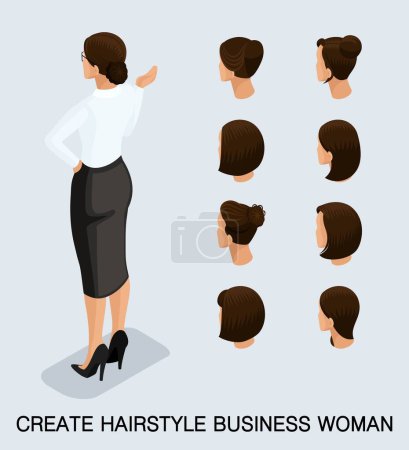 Illustration for Set 6 Fashion isometric 3D business lady, a set of women's haircuts, styling, hair, hair color. Rear view isolated on a light background. Vector illustration. - Royalty Free Image